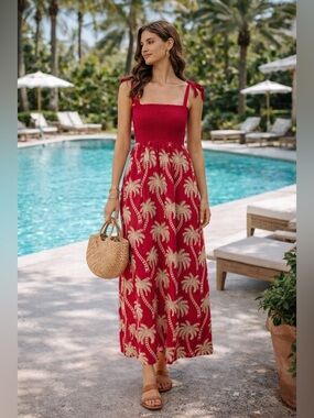 Agua Bendita Palm Print Maxi Dress S Pink Resort Vacation Boho